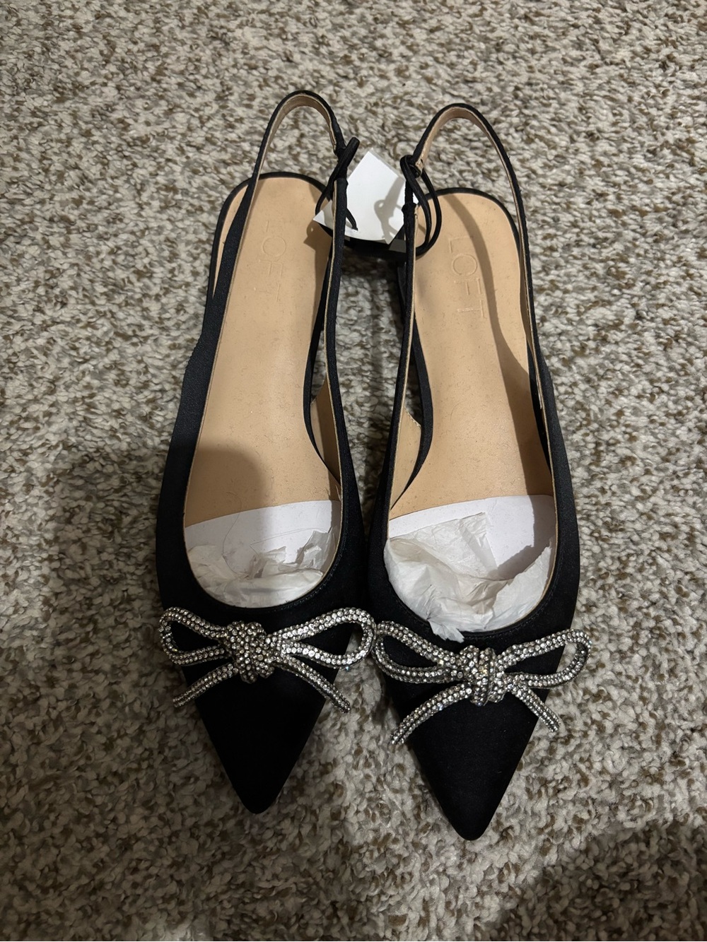 LOFT Black Pointed Slingback Flats with Crystal Bow